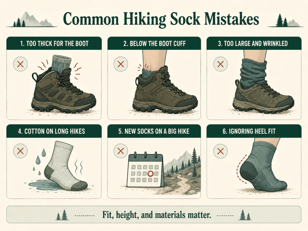 Infographic showing six common mistakes when choosing and wearing hiking socks