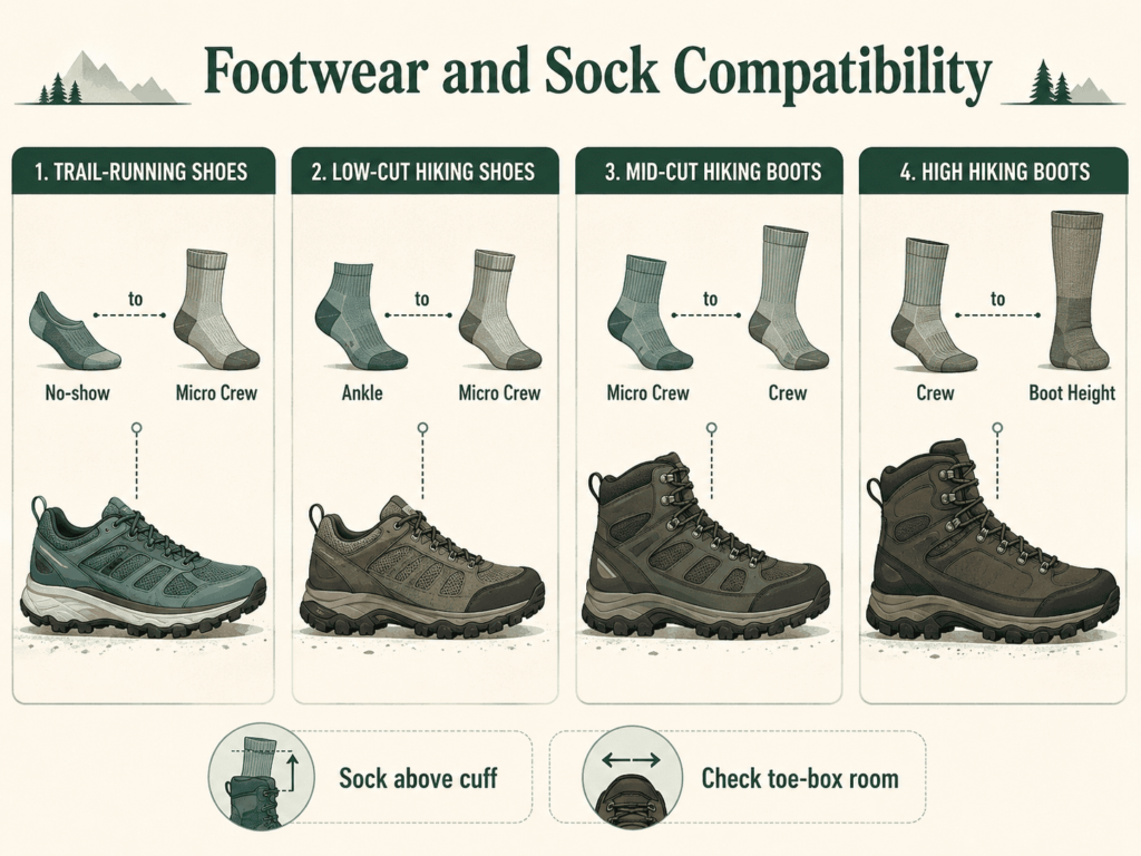 Infographic matching hiking footwear types with recommended hiking sock heights