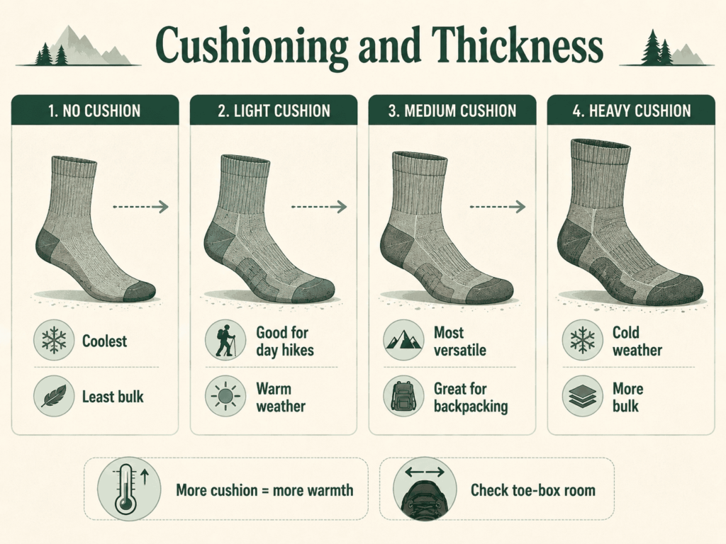 Infographic comparing no, light, medium, and heavy cushioning in hiking socks