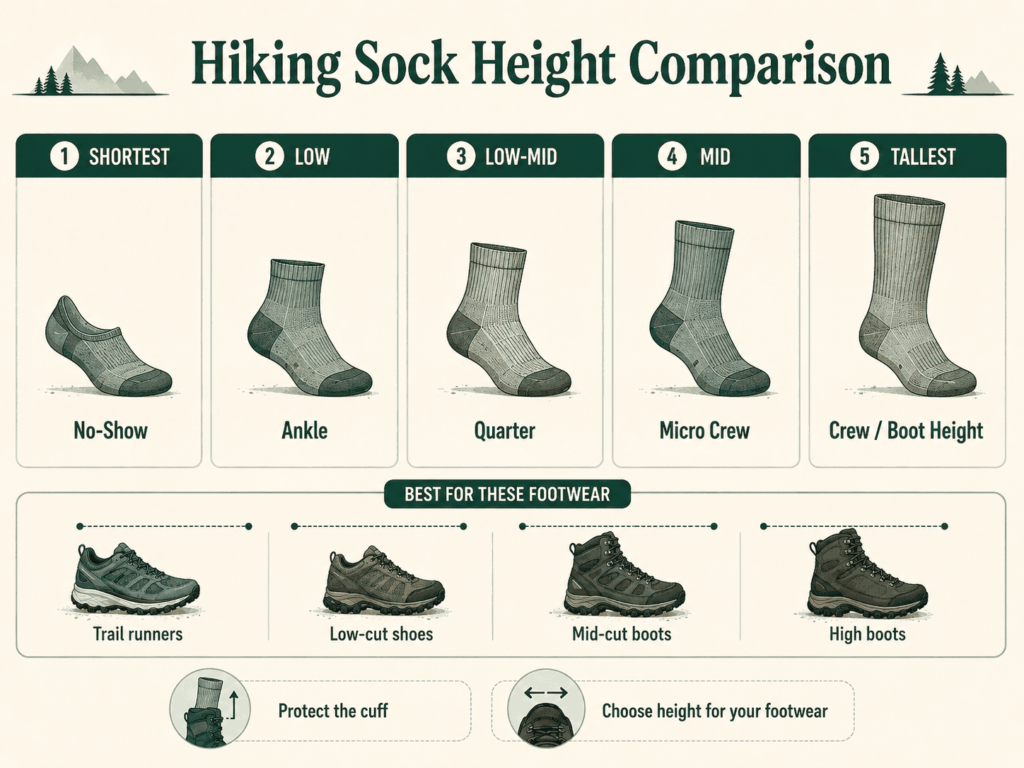 Infographic comparing no-show, ankle, quarter, micro-crew, and boot-height hiking socks