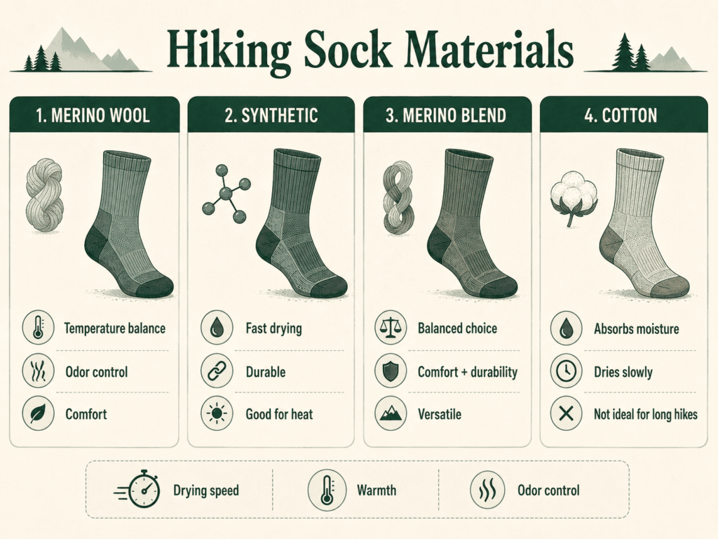Infographic comparing merino wool, synthetic, merino-blend, and cotton hiking sock materials