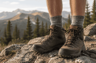 Hiker wearing gray hiking socks with brown boots on a rocky mountain trail