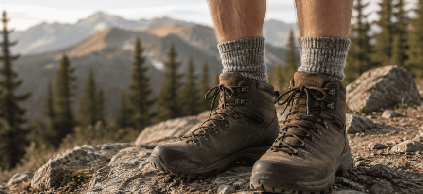 Hiker wearing gray hiking socks with brown boots on a rocky mountain trail
