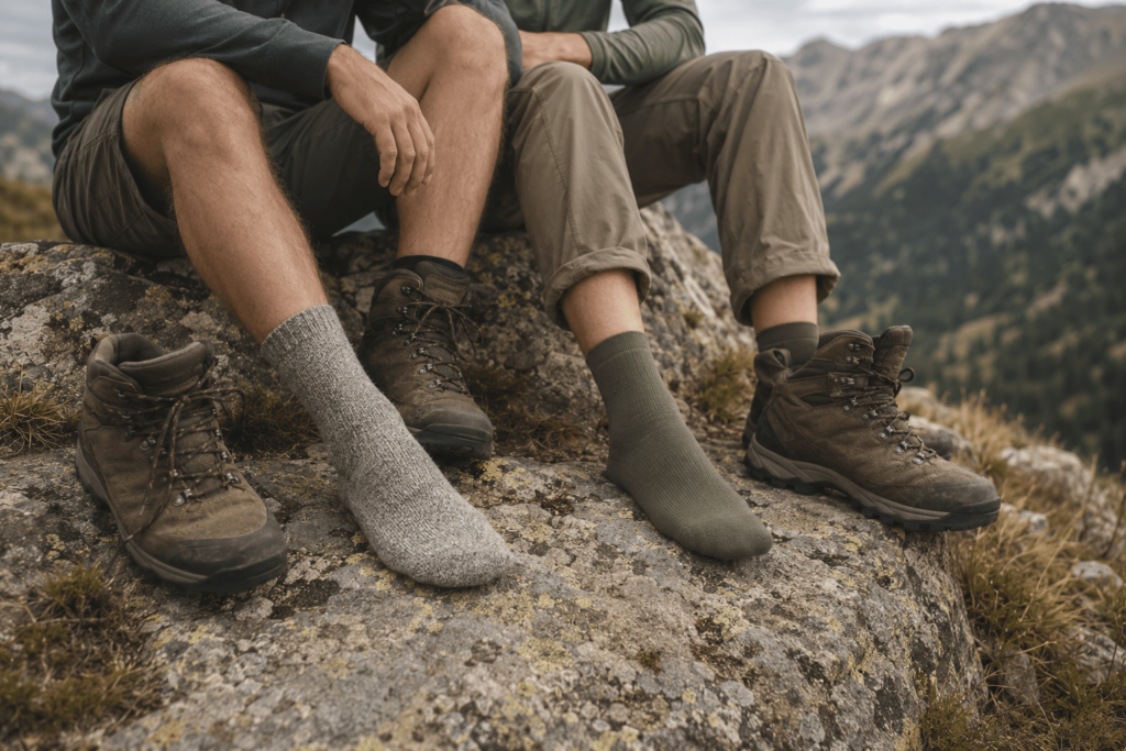 Two hikers wearing gray and green hiking socks, with hiking boots nearby on a rocky overlook